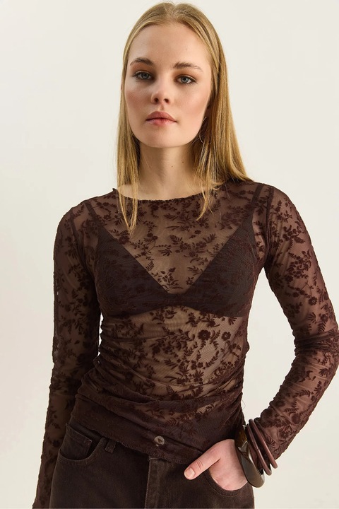 Bluza dama, Bianco Lucci, cu decolteu rotund, draperii florale, maro, textil