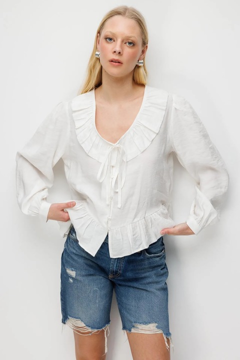 Bluza dama, Mixray, cu volanase, decolteu in V, ivoire, textil