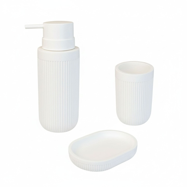 Set accesorii pentru baie Relaxdays, 3 piese, Dispenser sapun, Suport pentru periute, Sapuniera, Rasina sintetica, Alb