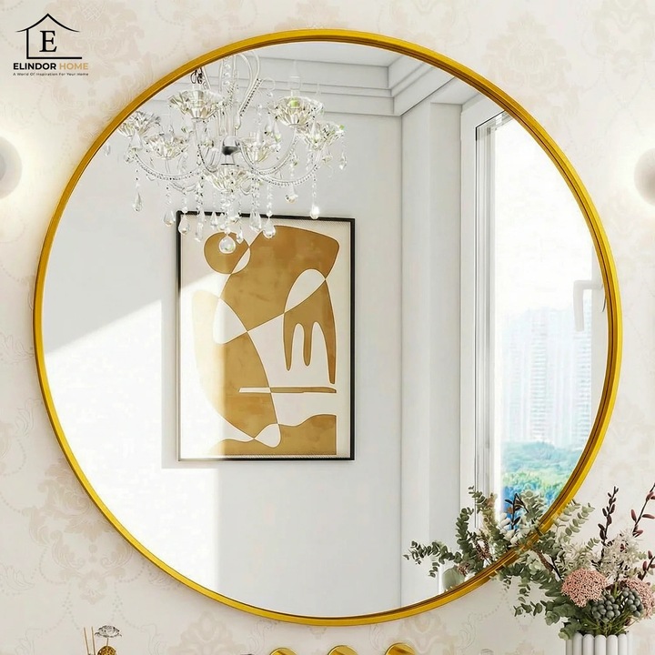 Elindor® Arany Kerek Dekoratív Tükör, Elegáns és Modern, HD Reflexió, Torzításmentes Üveg, Ideális Hálószobába, Nappaliba, Irodába, Öltözőbe, Előszobába, Fém Keret, Átmérő 80 cm
