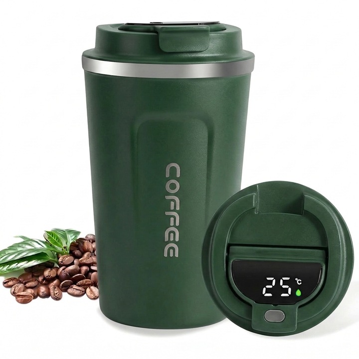 Cana Termos Smart Bukate®, Afisaj LED Temperatura, Fara Scurgeri, Inchidere Ermetica, Design Modern, Confortabil, Practic, Eficient, Portabil, Mentine Gradele Pana La 6 Ore Cald Si Pana La 10 Ore Rece, Capacitate 380 ml, Inox, 15.5x8.5cm, Verde