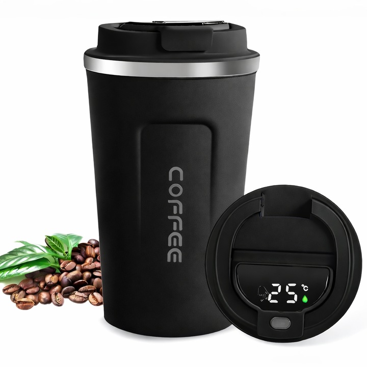 Cana Termos Smart Bukate®, Afisaj LED Temperatura, Fara Scurgeri, Inchidere Ermetica, Design Modern, Confortabil, Practic, Eficient, Portabil, Mentine Gradele Pana La 6 Ore Cald Si Pana La 10 Ore Rece, Capacitate 380 ml, Inox, 15.5x8.5cm, Negru