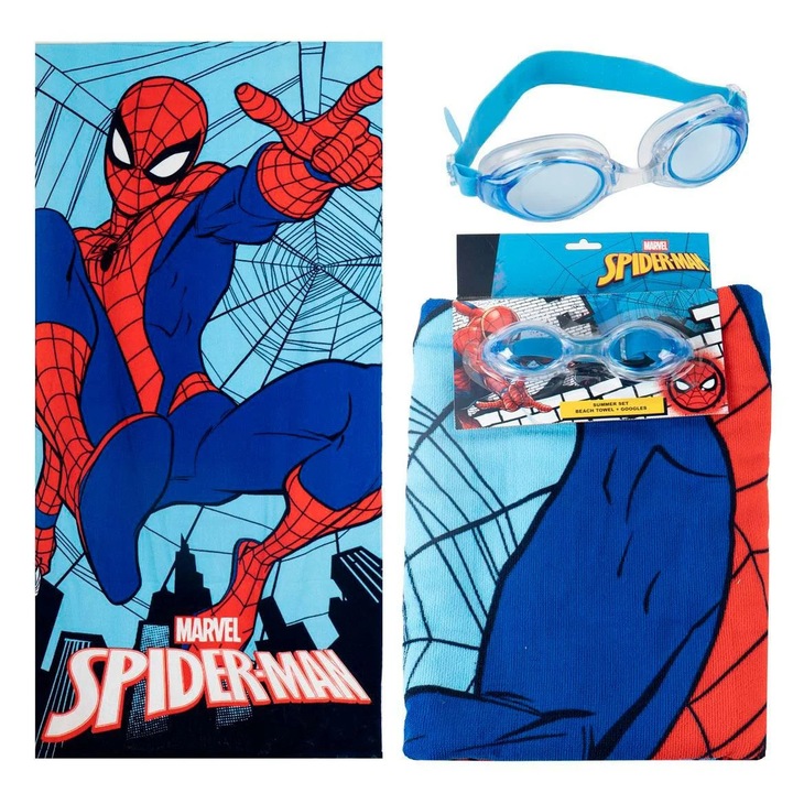 Set prosop poliester cu ochelari inot Spiderman, 140x70 cm 140 x 70 cm Albastru