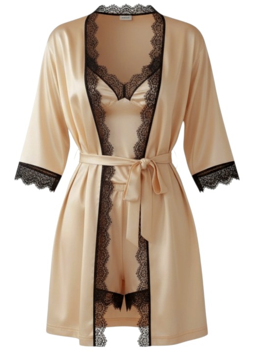 Pijama dama din satin, set 3 piese, StarFashion, halat cu cordon, Bej