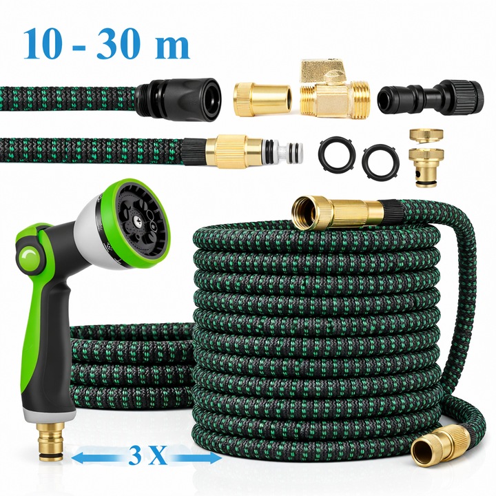 Furtun gradina extensibil 10-30 m cu pistol 10 moduri, furtun latex ranforsat, conectori alama 1/2" 3/4", adaptor robinet