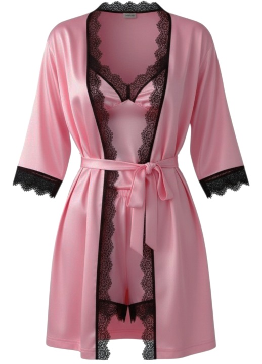 Pijama dama din satin, set 3 piese, StarFashion, halat cu cordon, Roz