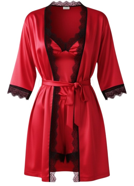 Pijama dama din satin, set 3 piese, StarFashion, halat cu cordon, Rosu