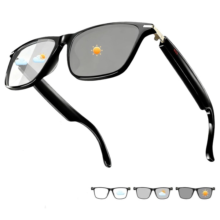 Ochelari inteligenti AI, Suporta Peste 100 de Limbi, Ochelari Bluetooth cu Tehnologie Purtabila si Lentile cu Schimbare de Culoare, Difuzoare Open Ear, Rezistenta la Apa IPX5, Ochelari de Traducere AI pentru Calatorii, Intalniri, Comert, (Negru)