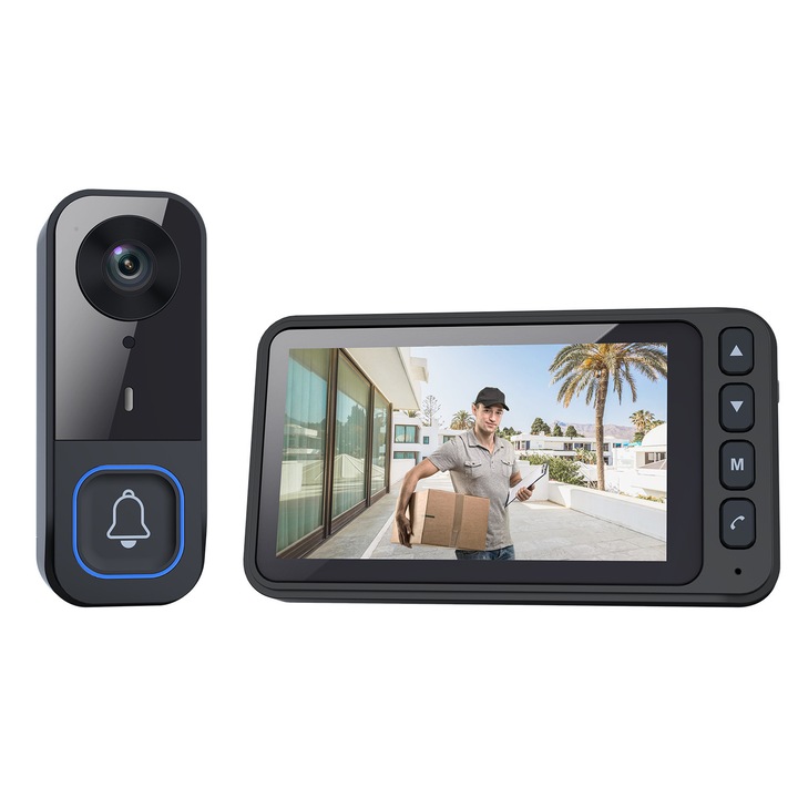 Sonerie video inteligenta cu ecran de 4.5 inch, noapte color, wireless, comunicare bidirectionala, neagra