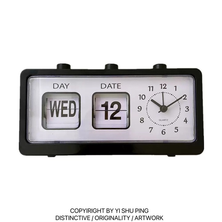 Falióra naptárral, flip, ébresztő, négyzet alakú, fekete