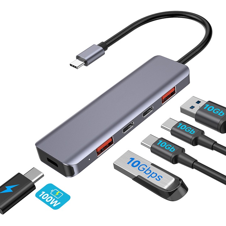 Hub USB 3.2 JESWO, 5-in-1, Carcasa din aliaj de aluminiu, 2 x USB-C, 2 x USB-A, Incarcare rapida PD 100W