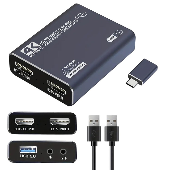 Placa de Captura Video USB 3.0, JESWO, Calitate Video Ultra HD, 4K 60Hz, Negru