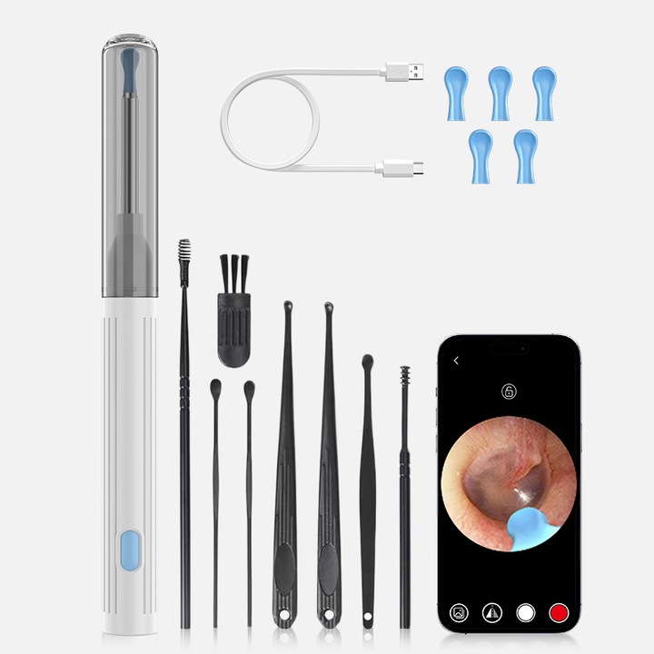 Curatator urechi vizual smart, ear cleaner cu camera HD si accesorii multiple pentru igiena, alb, 8 piese