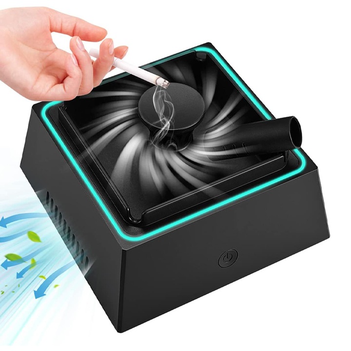 Elektromos hamutartó légtisztítóval, Omelivon, Modern és hatékony megoldás a kellemetlen szagok eltávolítására, 4 cigaretta kapacitás, Beépített akkumulátor, USB töltés, LED, Csendes motor, Hordozható, Fekete
