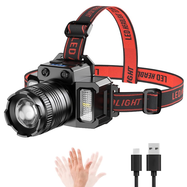 Фар за риболов, LED фар със сензор за движение, 5 режима на осветление, 360° увеличение, USB Powerbank, батерия 18650, водоустойчив, идеален за риболов, туризъм и къмпинг, черен