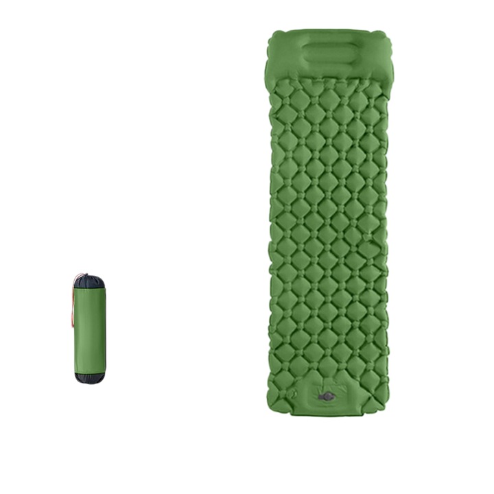 Saltea gonflabila pentru exterior, sezlong portabil, umflare cu piciorul, confort luxos, include geanta de depozitare, camping, portabil, 190x60x5cm, verde militar