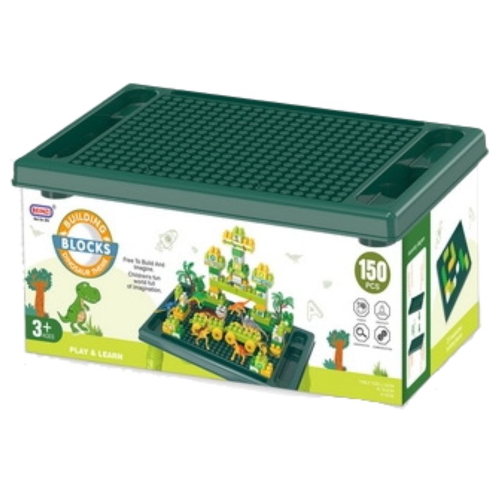 Комплект за изграждане за деца, Максик, маса с блокове и фигурки на динозаври, многоцветен, 31,5x19,5x13см