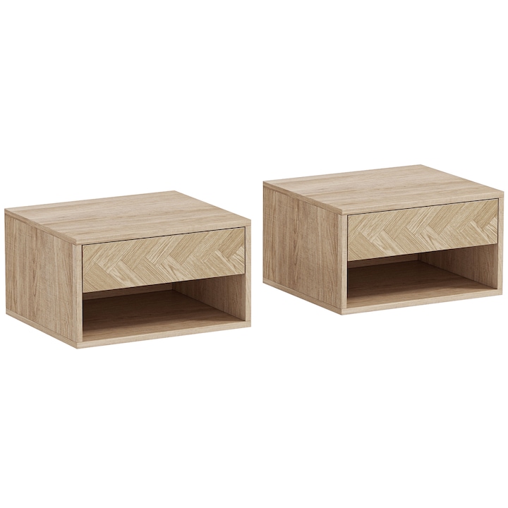 HOMCOM Set de 2 Noptiere Suspendate cu Sertar si Compartiment 37x32x21 cm Lemn Natural