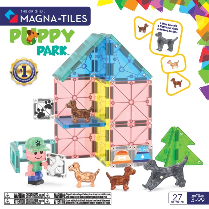 Комплект за изграждане Klocki Magnetyczne Puppy Park 27 ел., MAGNA-TILES, 3 сцени, многоцветен