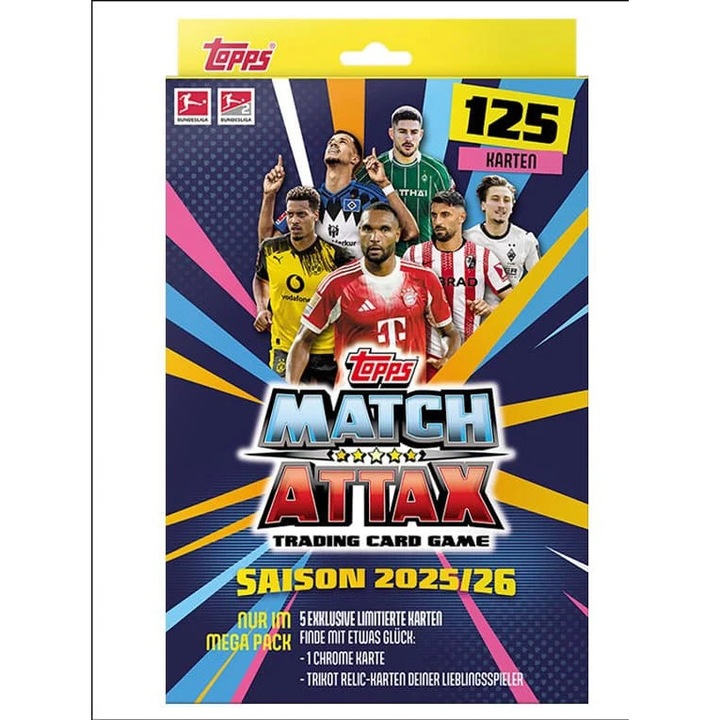 Set carduri de colectie Bundesliga Match Attax 2025/26 Mega Pack, Topps, 125 carduri, 5 carduri Exclusive Limited Edition, Multicolor
