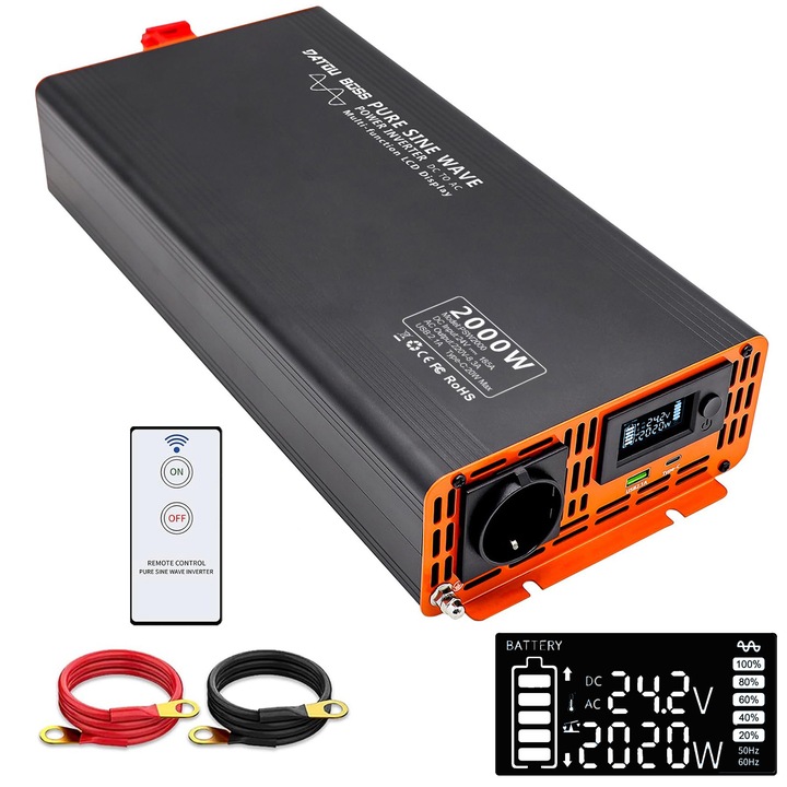 Invertor auto 24 V la 230 V DATOUBOSS 2000 W, sinusoida pura, 1 x USB, 1 x Type-C, negru, 41x18x8cm