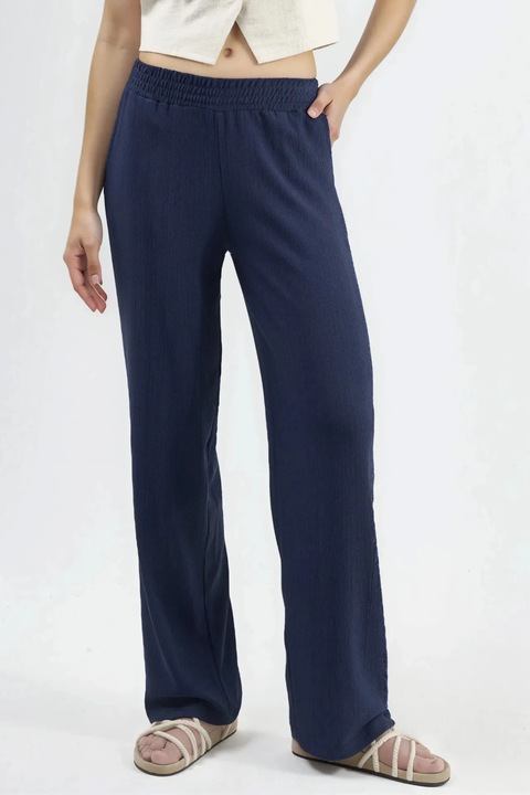 Pantaloni dama, HiCCUP, drepti, talie medie, picior larg, bleumarin, poliester
