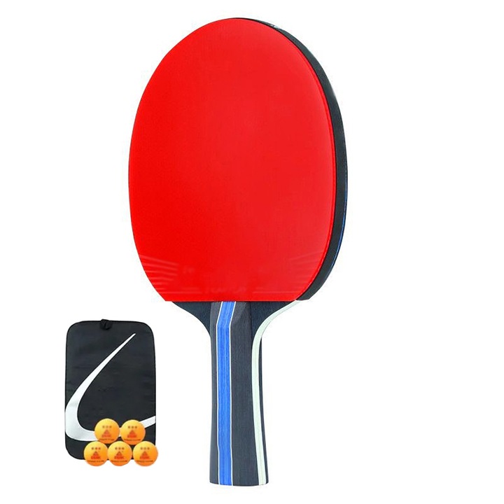 Set palete tenis de masa cu 5 mingi, lemn, maner ergonomic, cauciuc de inalta calitate, exterior