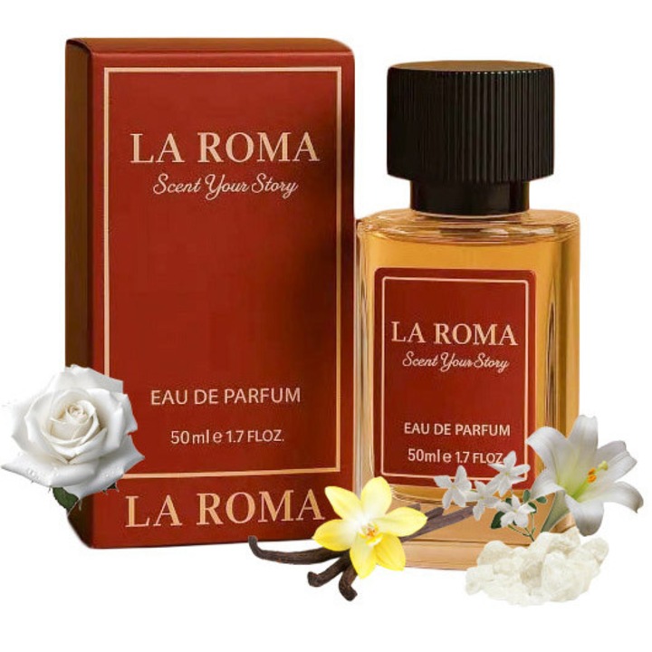 Férfi Eau de Parfum La Roma M-12 Vanille Ros, kifinomult, magabiztos, elegáns személyiségek számára készült, orientális-vaníliás, intenzív illat, rózsa, vanília, fehér pézsma, 50ml