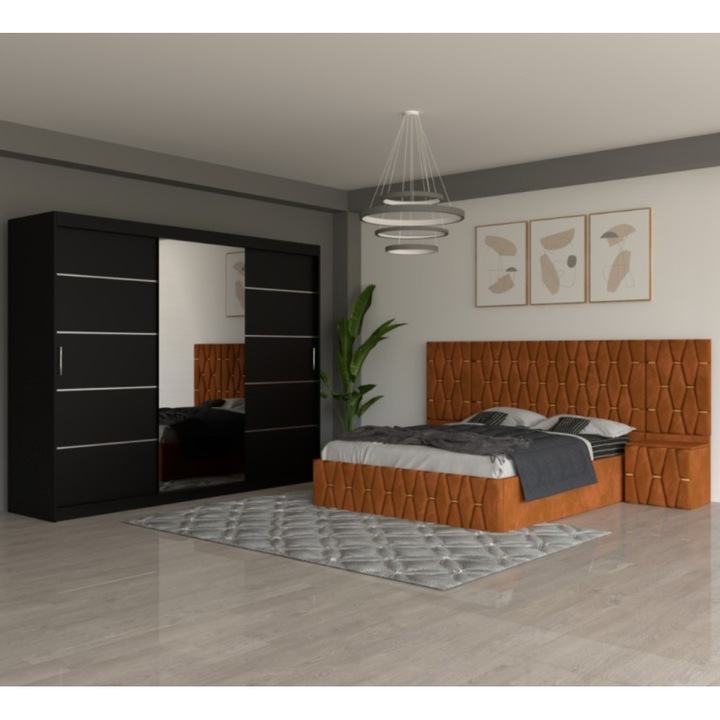 Dormitor AmzMob Eric Caramiziu Cu Extensii Dulap Negru 250 cm - 180x200