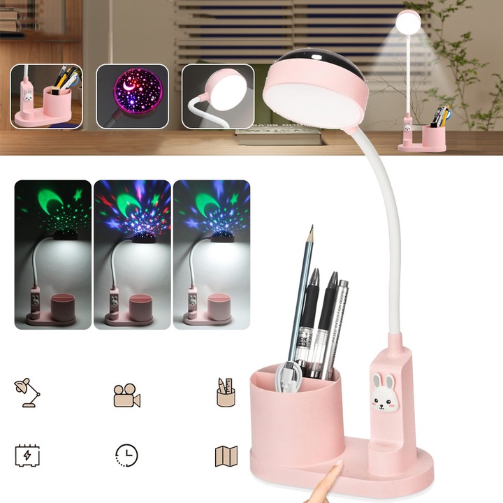 Lampa De Noptiera Roz Pentru Copii In Forma De Iepure, Cu Proiector De Stele/3 Niveluri De Luminozitate/Suport Pentru Pix, Lampa De Birou LED Reincarcabila De 2000mAh, Lampa De Citit Pentru Dormitor