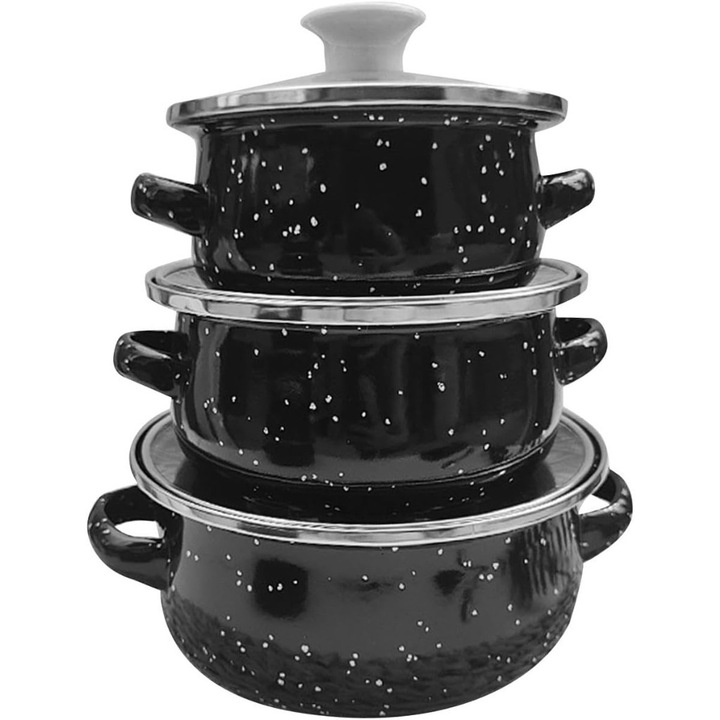 Тенджери, Комплект от 3 броя, Емайлово покритие, Устойчиво на надраскване при нормална употреба, Двуръкохватков дизайн, 16, 18 и 20 сантиметра, Черен