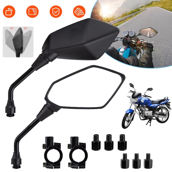Set Oglinzi Retrovizoare Pentru Motociclete, Cleme Ghidon 7/8 inch 22 mm, Oglinda Retrovizoare Universala Pentru Ghidon De Motocicleta Cu Surub Filetat M8 M10 Si 2 Cleme Ghidon, ATV/Scuter/Cruiser