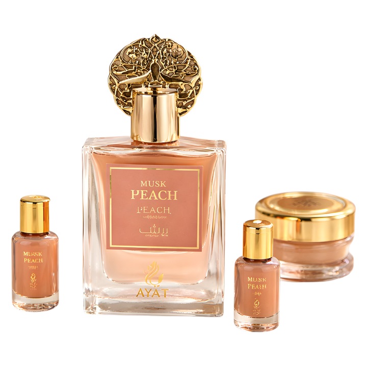 Set Cadou Apa de Parfum Unisex Ayat Musk Piersici, 50 ml, note florale, vanilie