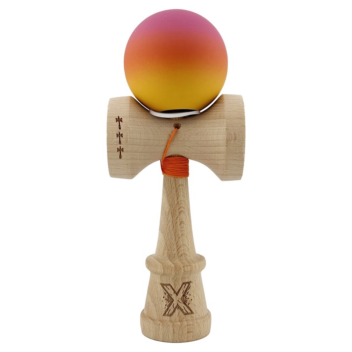 Kendama X Originala, Profesionala, Rubber Grip, din Lemn, 18 cm, Version 3, Roz/Portocaliu/Galben