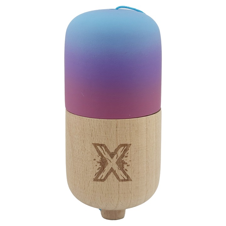 Kendama Pill X Originala, Flippy, Profesionala Model Rubber Grip Pilula, din Lemn, Varsta 9+, Ata 62/65 cm, 11 x 5 x 5 cm, Gradient Albastru deschis/Rosu
