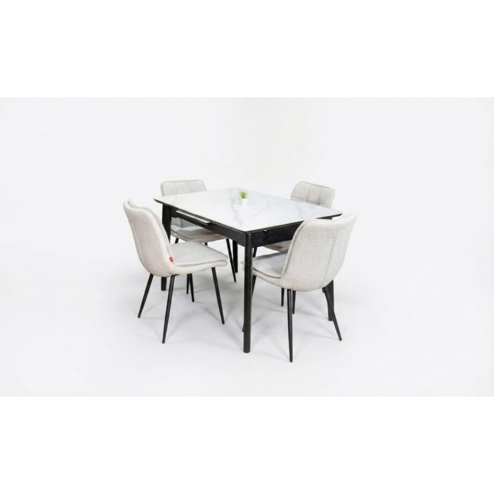 Set Masa Living Extensibila KJT4711-1 Alb cu 4 Scaune Tapitate DCM2001AF Bej