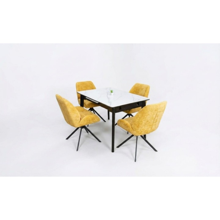 Set Masa Living Extensibila KJT4711-1 Alb cu 4 Scaune Tapitate KJC4347 Galbene
