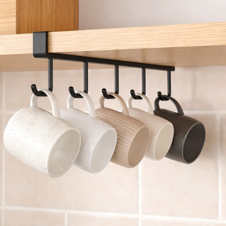 Suport cani și ustensile Callena, din otel, negru, 5 cârlige, 30x8x2cm