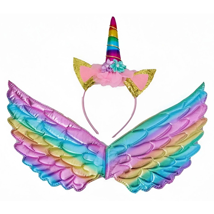 Set aripi metalice si celenka cu unicorn stralucitor, costume copii, multicolor, dimensiune universala, varsta 3-10 ani
