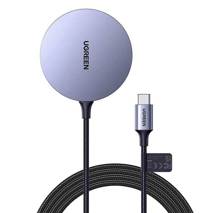 Incarcator MagSafe pentru telefoane Ugreen CD245, Qi, 15W, Cablu USB inclus, 1.5m, Gri