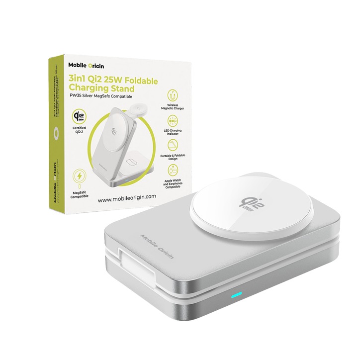 Mobile Origin PW35 Qi2 3 az 1-ben töltőállomás, összecsukható, MagSafe kompatibilis, vezeték nélküli töltés, PD 25W, USB-C, ezüst