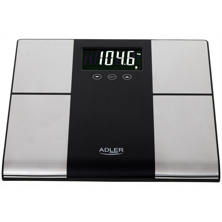 Кантар за тяло Adler AD 8165, измерване на мазнини, 225 кг, LCD дисплей, 310x310x20 мм