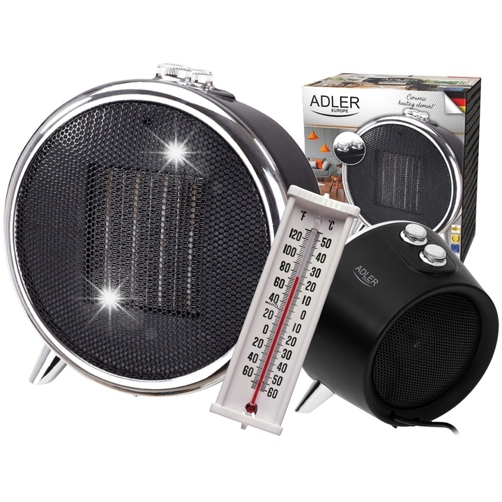 Adler kerámia hősugárzó 1500W, termosztát, fekete-ezüst, 22,3x16,8x24,5cm