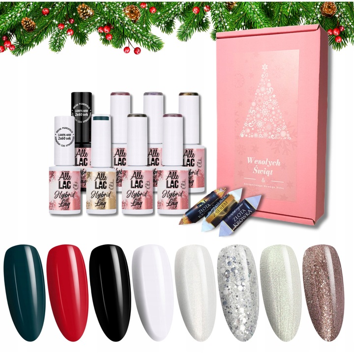 Set de 8 lacuri hibrid ALLELAC in cutie, culori festive, 6g fiecare