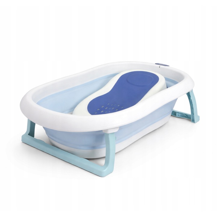 Сгъваема бебешка вана, Aptel, силиконова, с термометър, бяло-синя, 74,5x45,5x19,5см