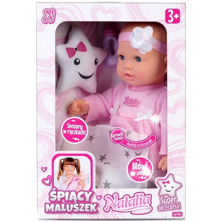 Artyk Natalia interaktív baba, 38 cm, kiegészítőkkel, beszél és énekel román nyelven, kislányoknak, 3 év+