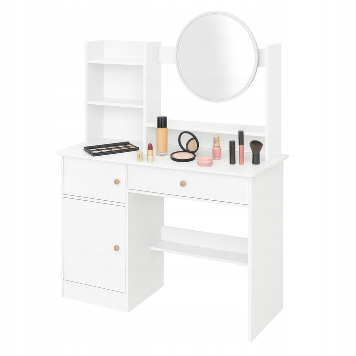 Козметична тоалетка с огледало, 100см, бяла, с 1 чекмедже и рафтове, включен монтажен комплект