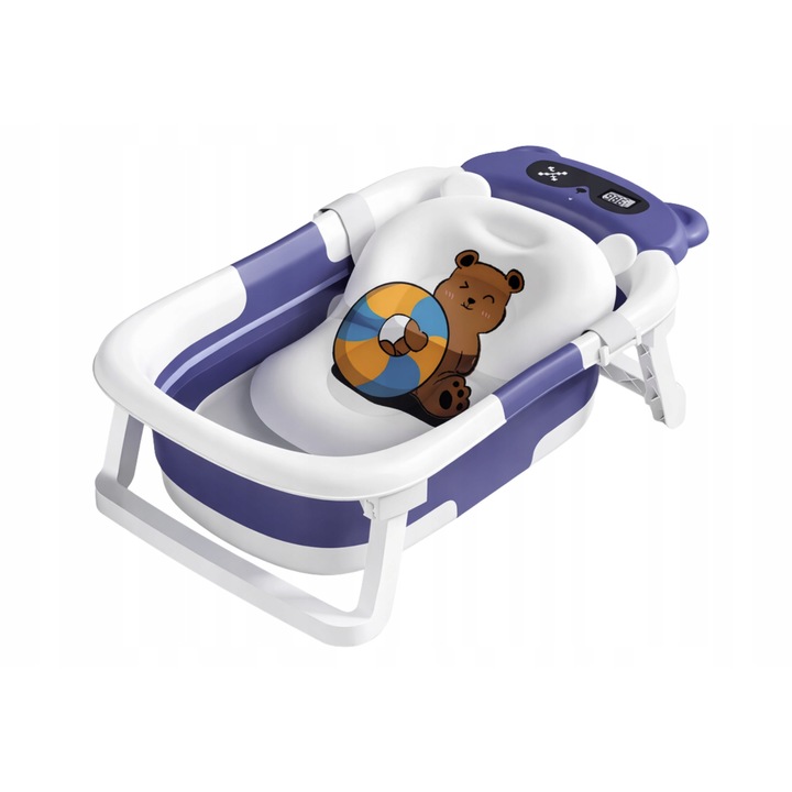 Сгъваема вана за деца, Aptel, силиконова, с термометър и възглавница, бяло-синя, 74,5x45,5x19,5см