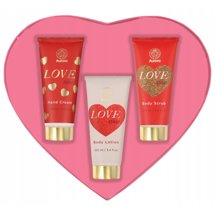 Aurora Love Time ajándékszett, 3 termék, kézkrém 100ml, testbalzsam 100ml, testradír 100ml, szív alakú doboz