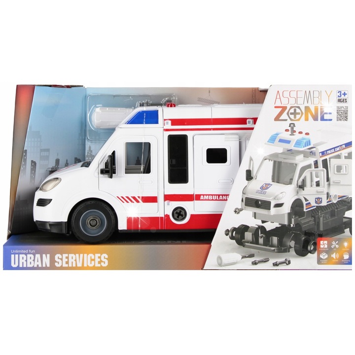 Mega Creative mentőautó, hang- és fényeffektusok, 32x15x13cm, csavarhúzóval és 2x cserélhető tartozékkal